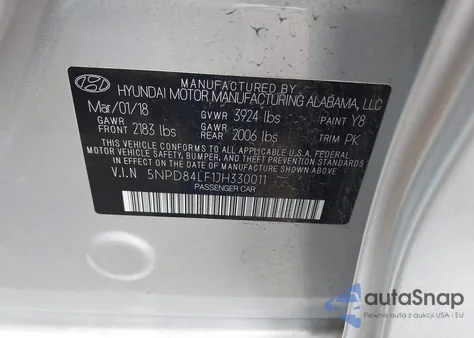 2018 Hyundai Elantra Sel z USA, uszkodzony, nr VIN 5NPD84LF1JH330011